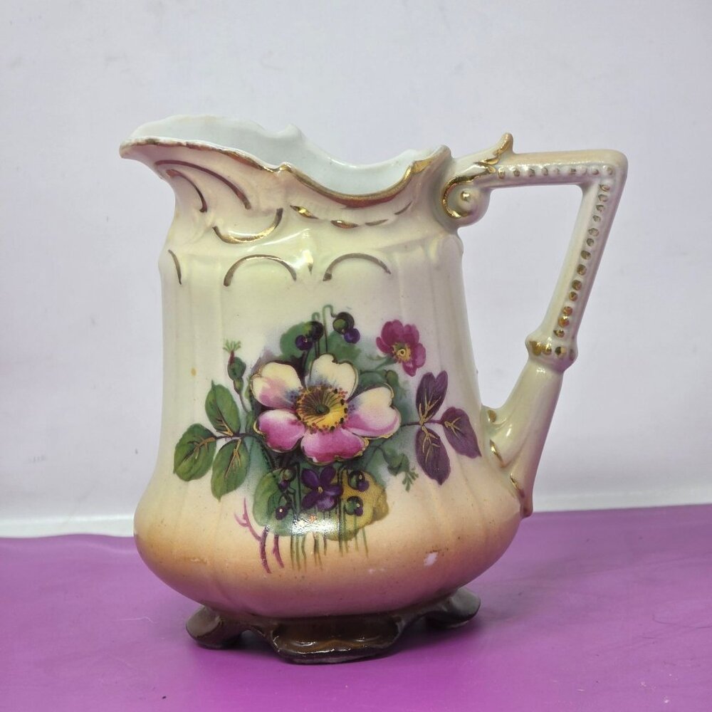 Antique Austrian Floral Ceramic‎ Creamer With Gold Trim & Scalloped Rim